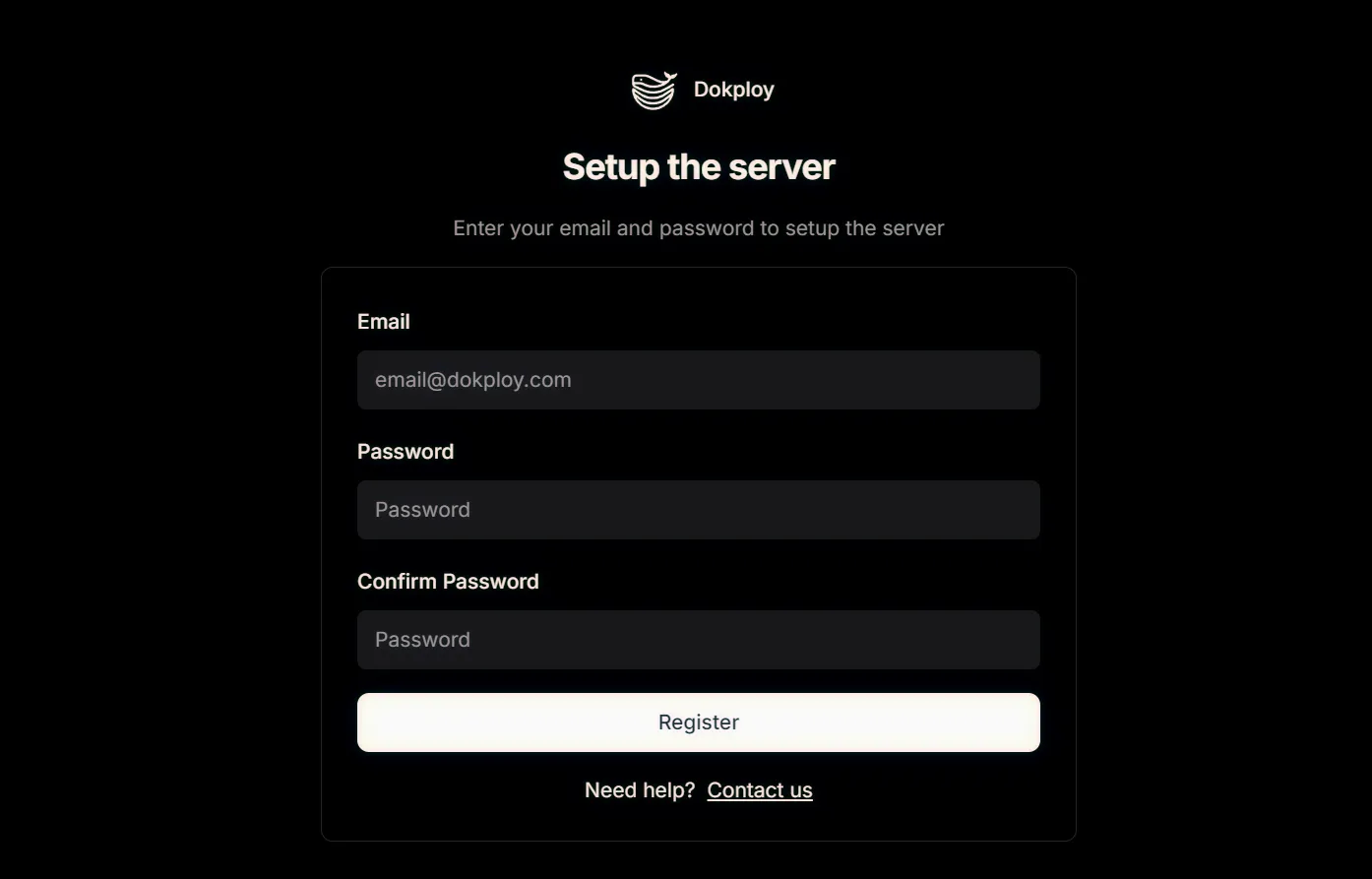 Dokploy administrator account setup screen