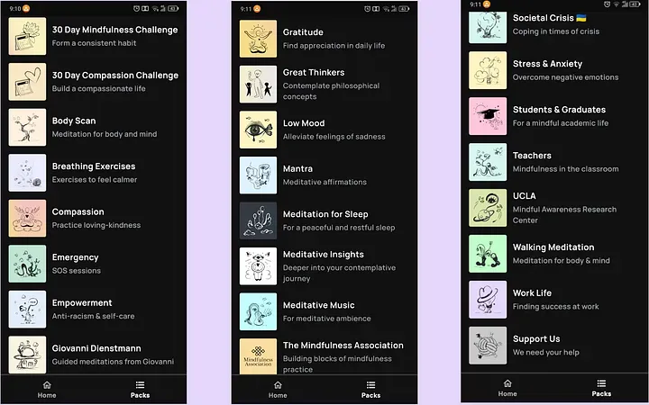 Medito meditation packs for different situations